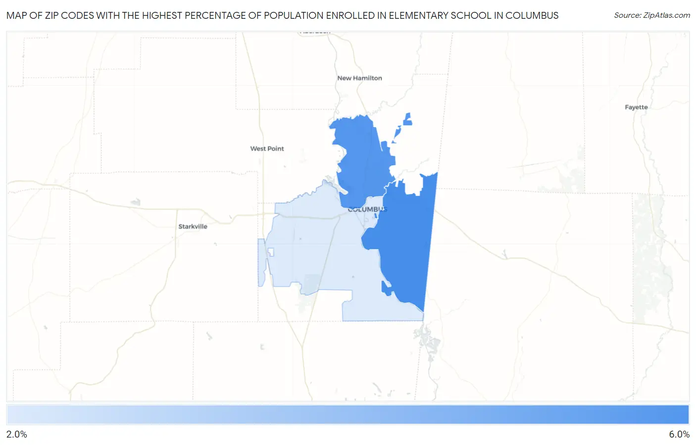 Zip Codes with the Highest Percentage of Population Enrolled in Elementary School in Columbus Map