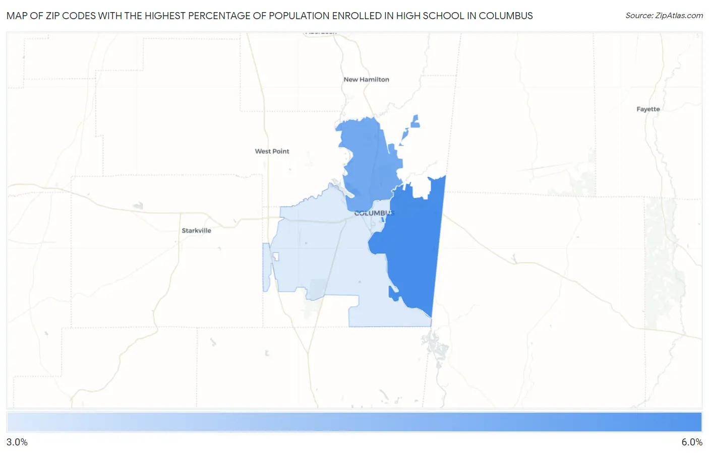 Zip Codes with the Highest Percentage of Population Enrolled in High School in Columbus Map