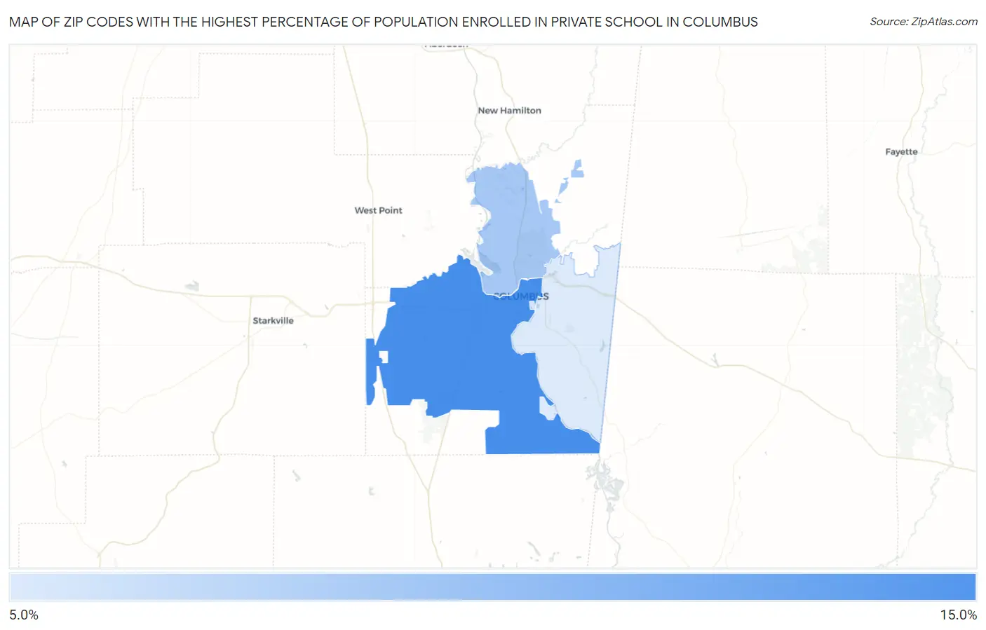Zip Codes with the Highest Percentage of Population Enrolled in Private School in Columbus Map