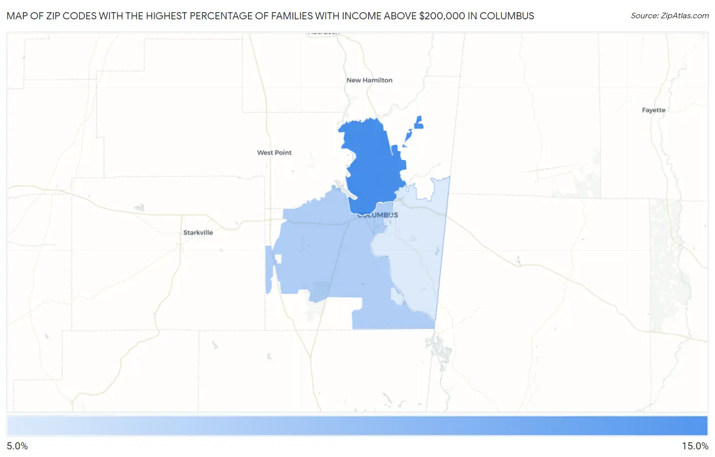 Zip Codes with the Highest Percentage of Families with Income Above $200,000 in Columbus Map