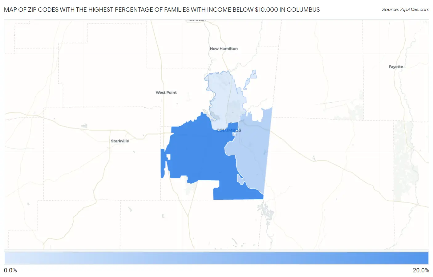 Zip Codes with the Highest Percentage of Families with Income Below $10,000 in Columbus Map