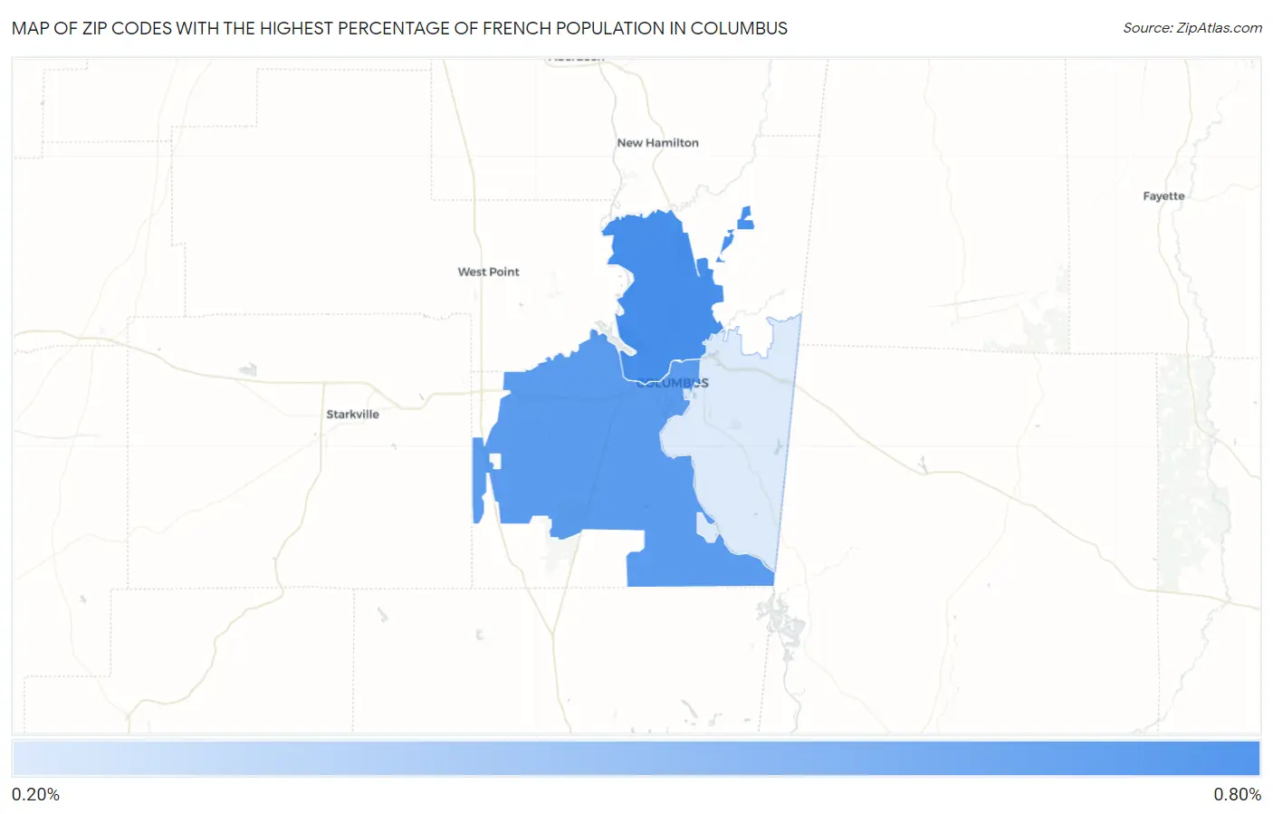Zip Codes with the Highest Percentage of French Population in Columbus Map