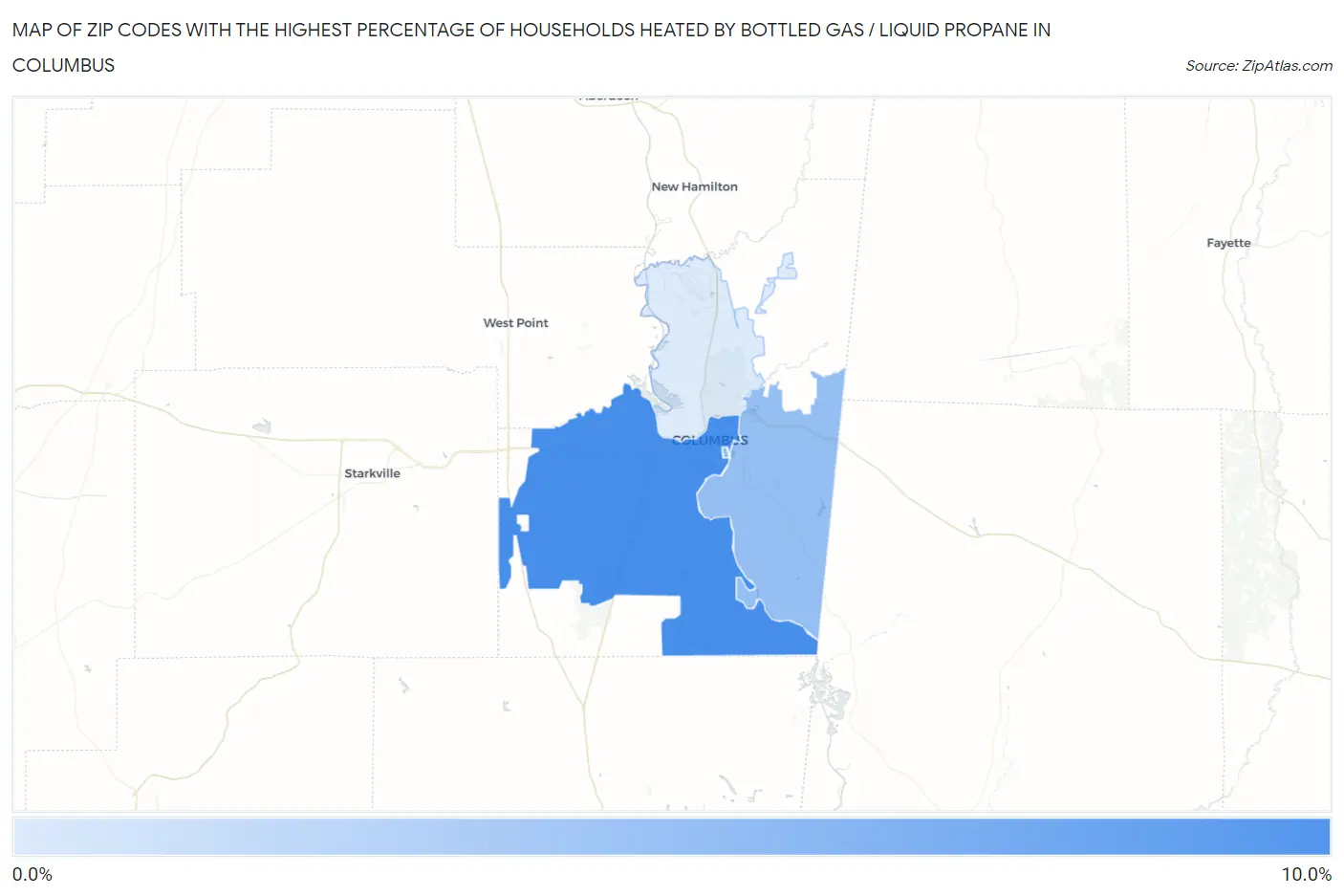 Zip Codes with the Highest Percentage of Households Heated by Bottled Gas / Liquid Propane in Columbus Map