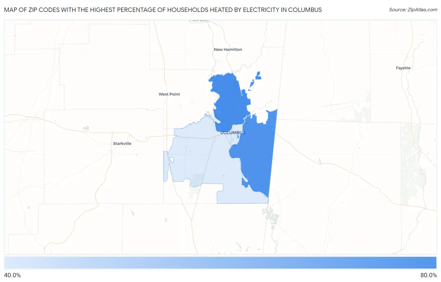 Zip Codes with the Highest Percentage of Households Heated by Electricity in Columbus Map