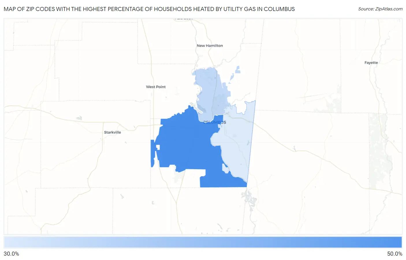 Zip Codes with the Highest Percentage of Households Heated by Utility Gas in Columbus Map