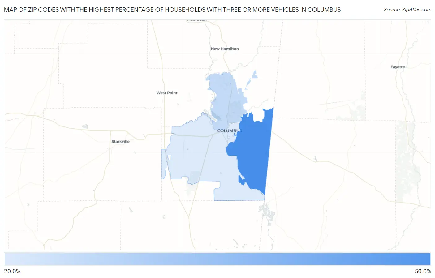 Zip Codes with the Highest Percentage of Households With Three or more Vehicles in Columbus Map