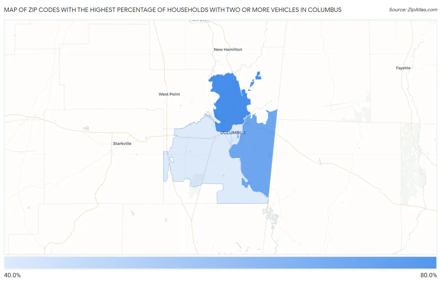 Zip Codes with the Highest Percentage of Households With Two or more Vehicles in Columbus Map