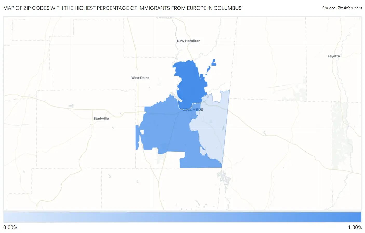 Zip Codes with the Highest Percentage of Immigrants from Europe in Columbus Map