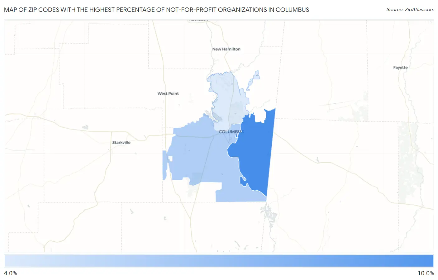 Zip Codes with the Highest Percentage of Not-for-profit Organizations in Columbus Map