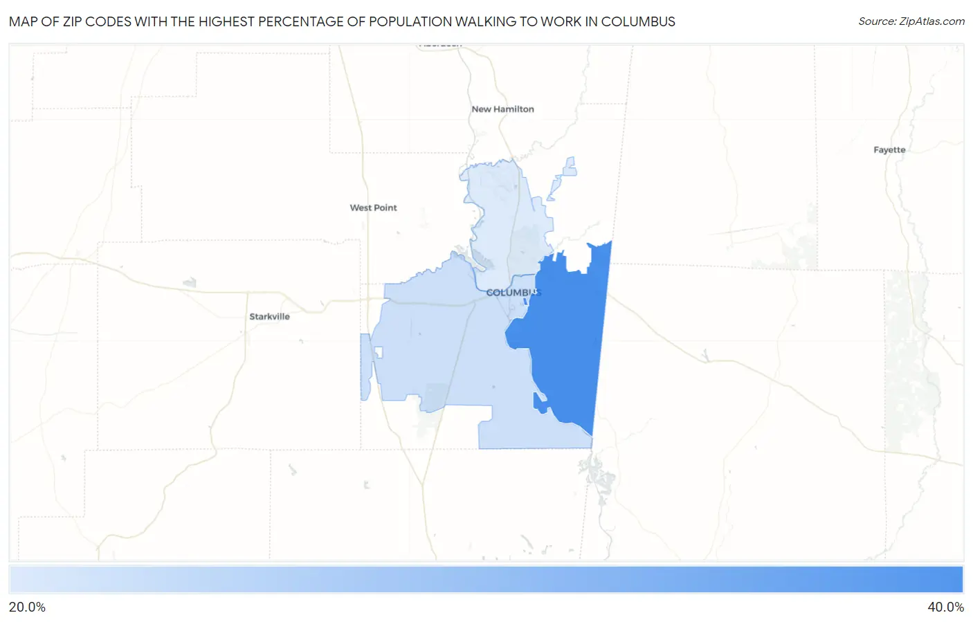 Zip Codes with the Highest Percentage of Population Walking to Work in Columbus Map