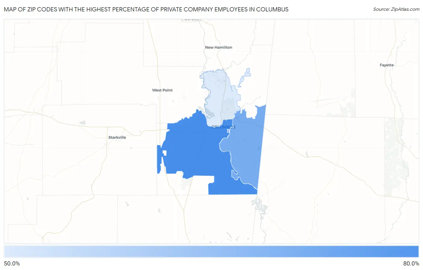 Zip Codes with the Highest Percentage of Private Company Employees in Columbus Map