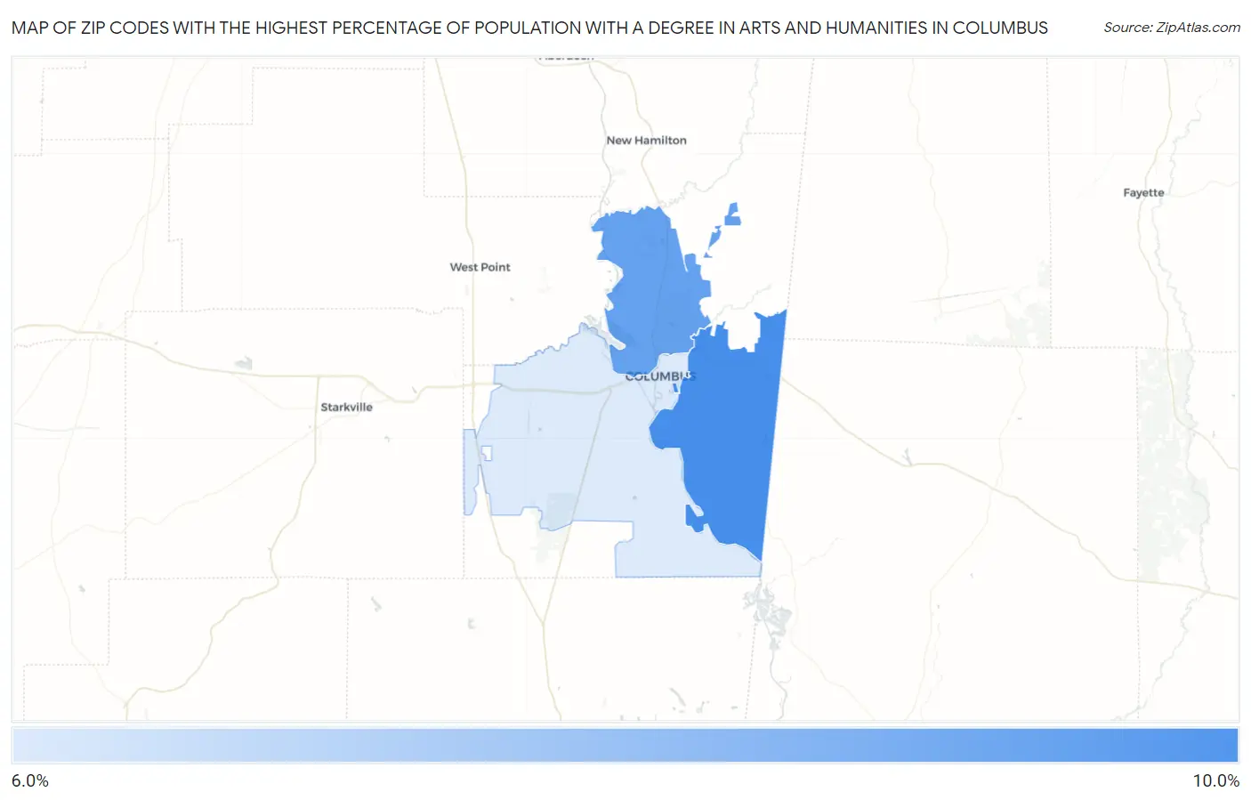 Zip Codes with the Highest Percentage of Population with a Degree in Arts and Humanities in Columbus Map
