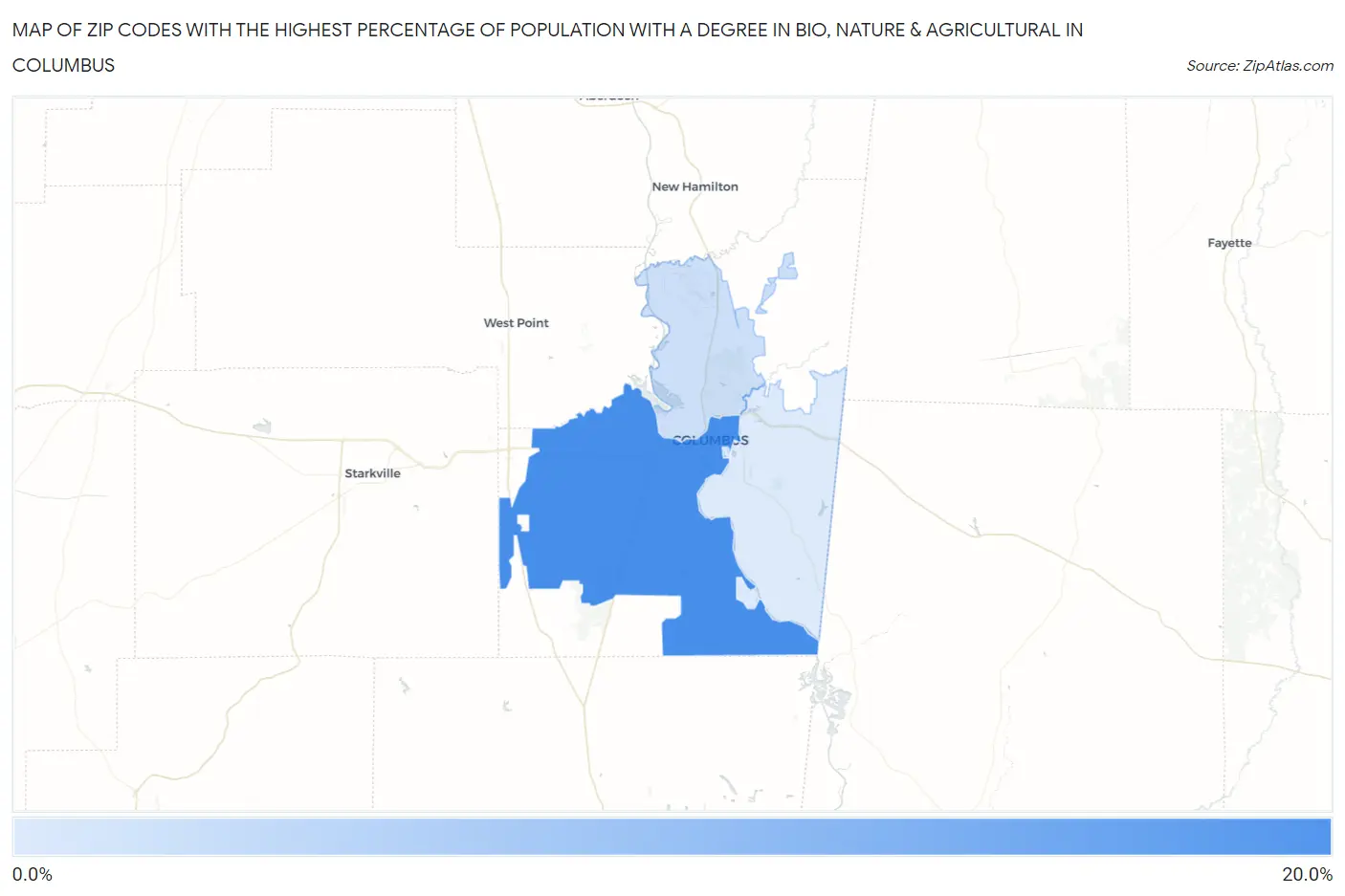 Zip Codes with the Highest Percentage of Population with a Degree in Bio, Nature & Agricultural in Columbus Map