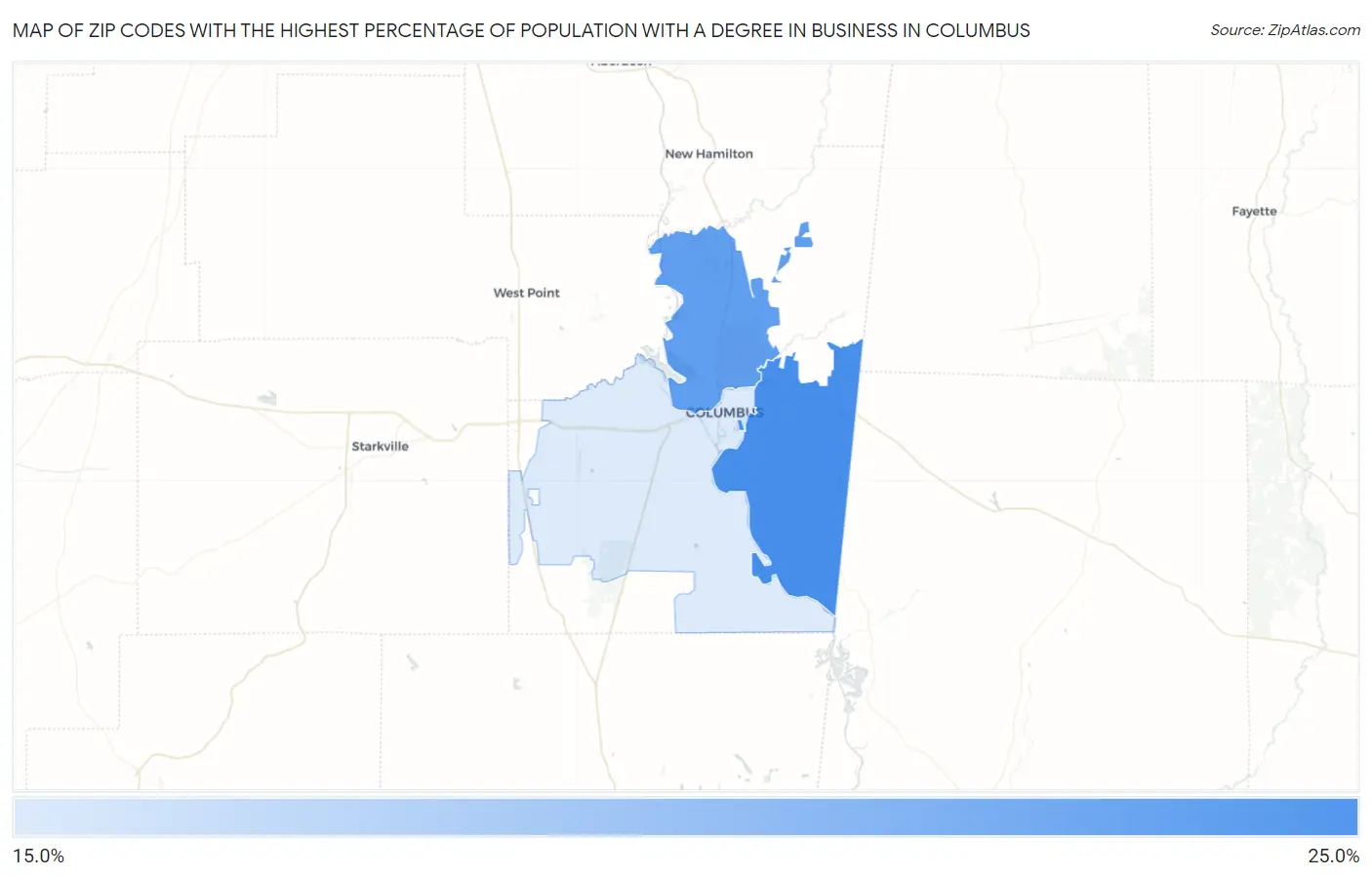 Zip Codes with the Highest Percentage of Population with a Degree in Business in Columbus Map