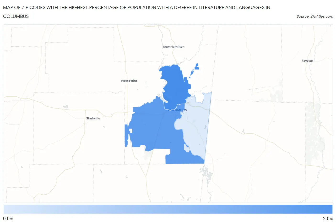 Zip Codes with the Highest Percentage of Population with a Degree in Literature and Languages in Columbus Map