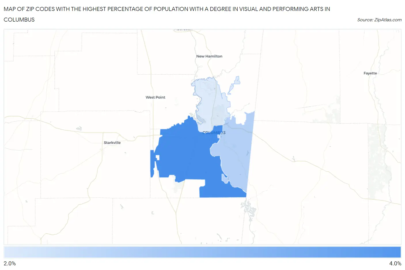 Zip Codes with the Highest Percentage of Population with a Degree in Visual and Performing Arts in Columbus Map