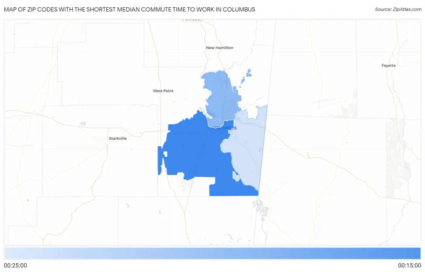 Zip Codes with the Shortest Median Commute Time to Work in Columbus Map