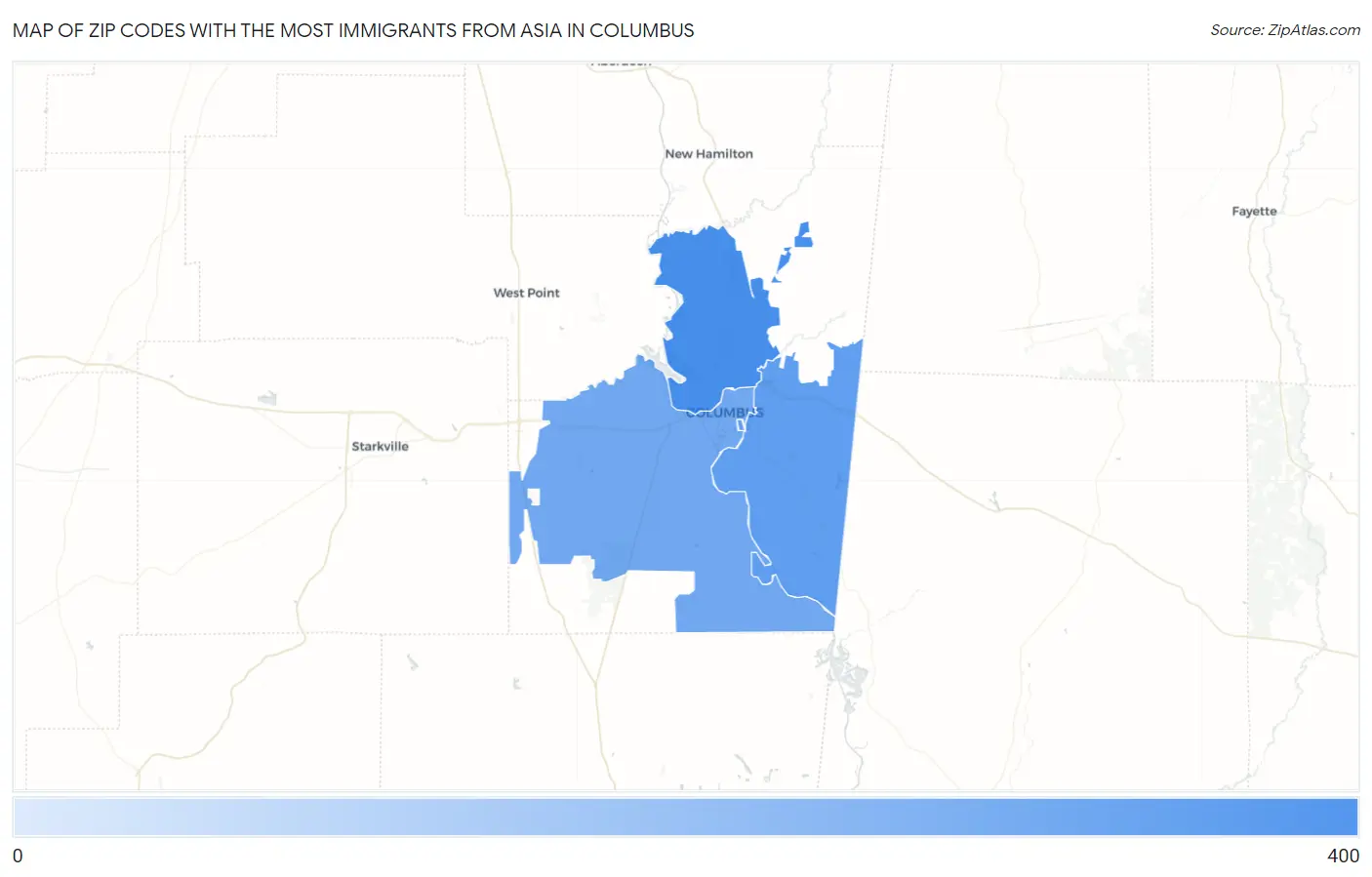 Zip Codes with the Most Immigrants from Asia in Columbus Map