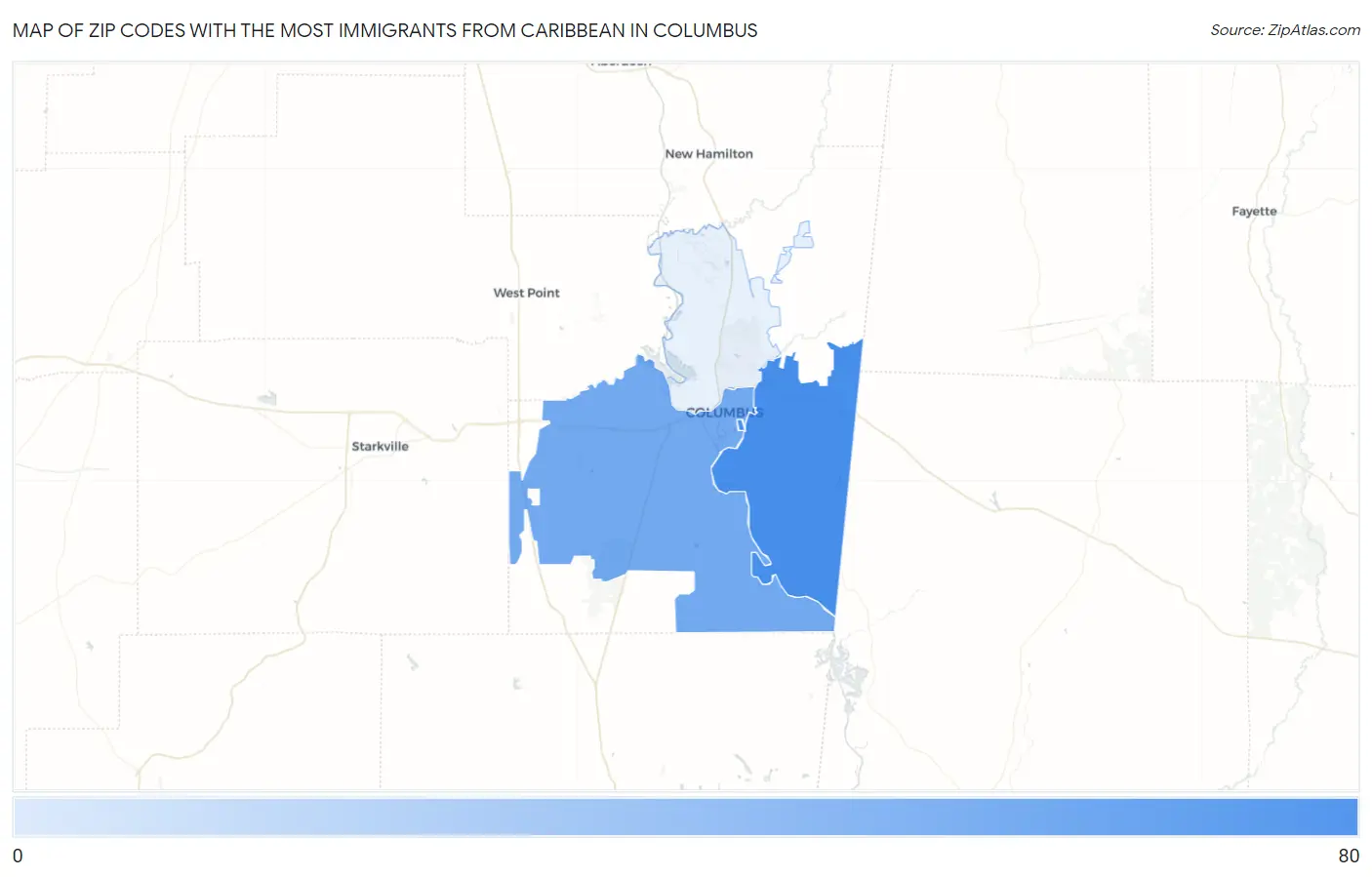 Zip Codes with the Most Immigrants from Caribbean in Columbus Map