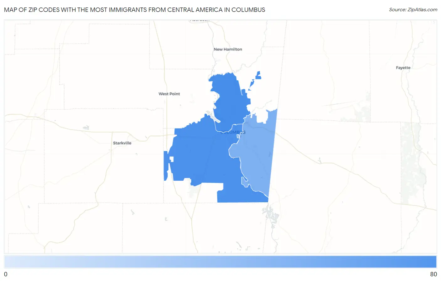 Zip Codes with the Most Immigrants from Central America in Columbus Map