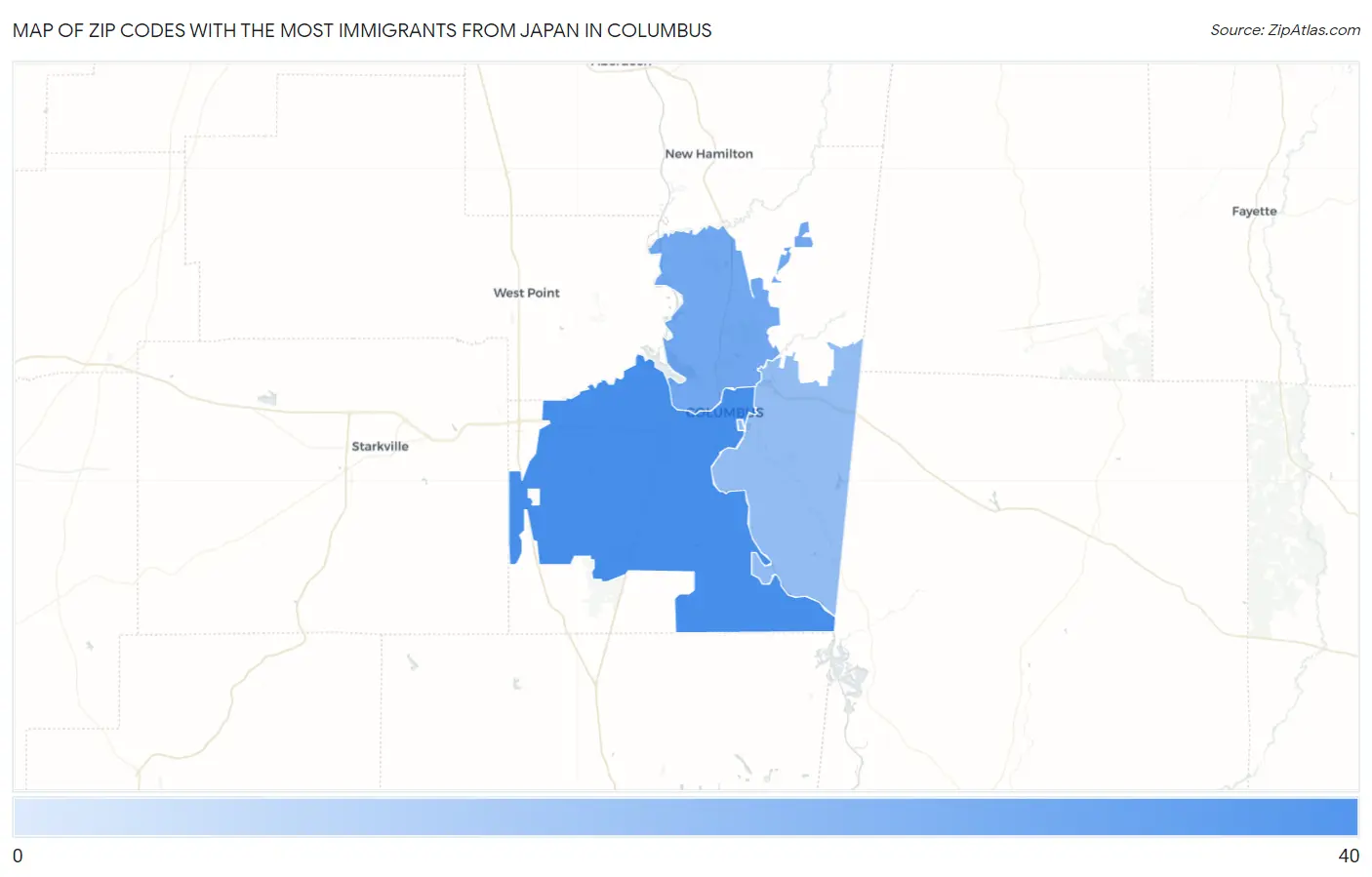 Zip Codes with the Most Immigrants from Japan in Columbus Map