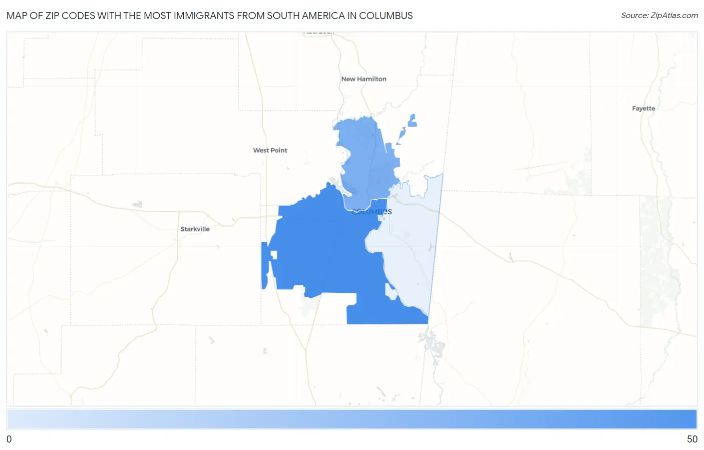 Zip Codes with the Most Immigrants from South America in Columbus Map