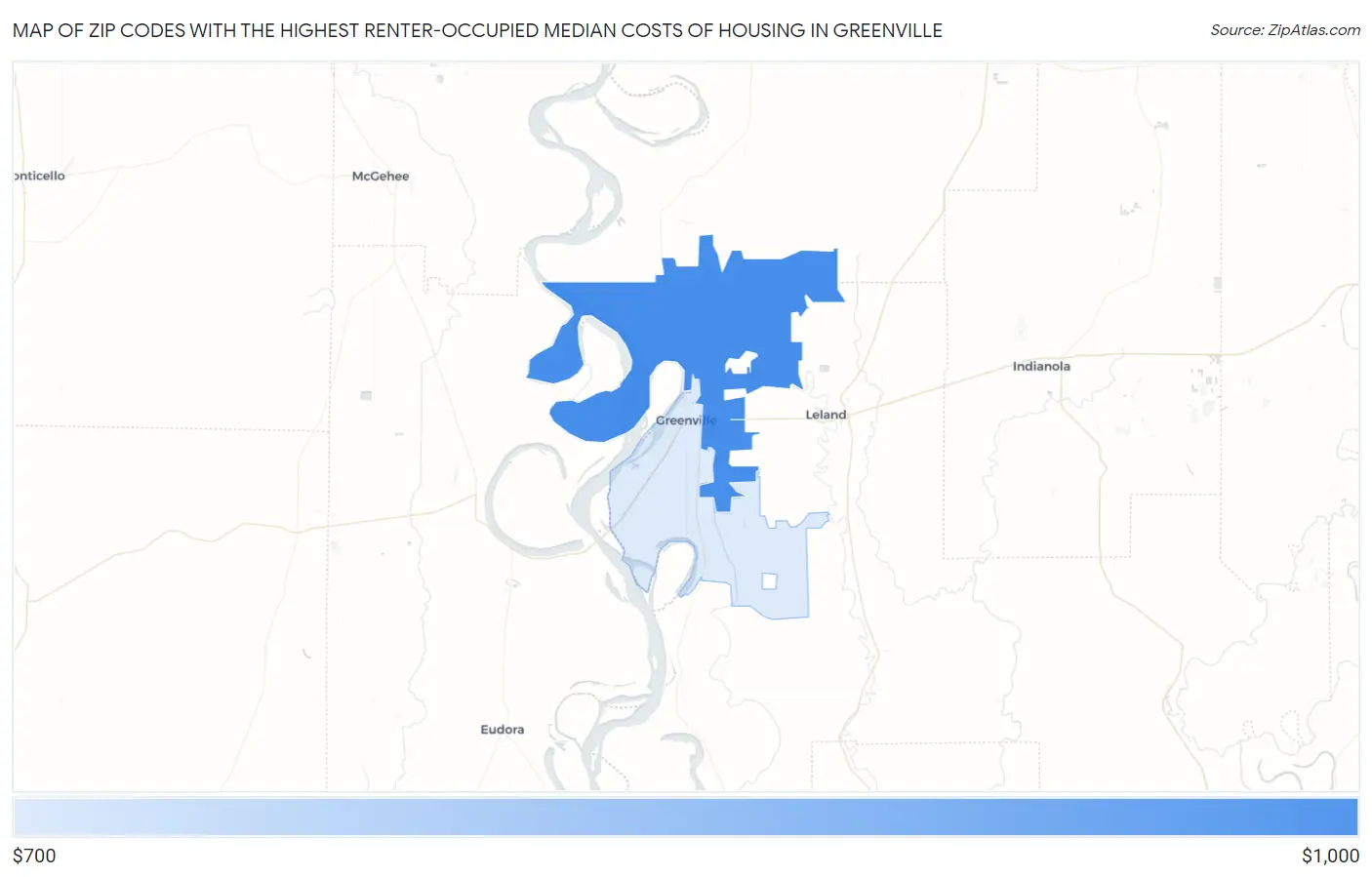 Zip Codes with the Highest Renter-Occupied Median Costs of Housing in Greenville Map
