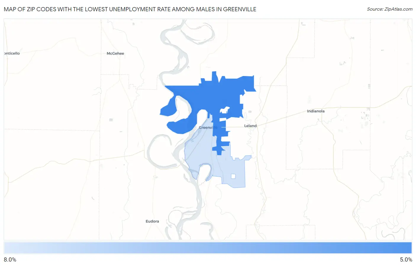 Zip Codes with the Lowest Unemployment Rate Among Males in Greenville Map