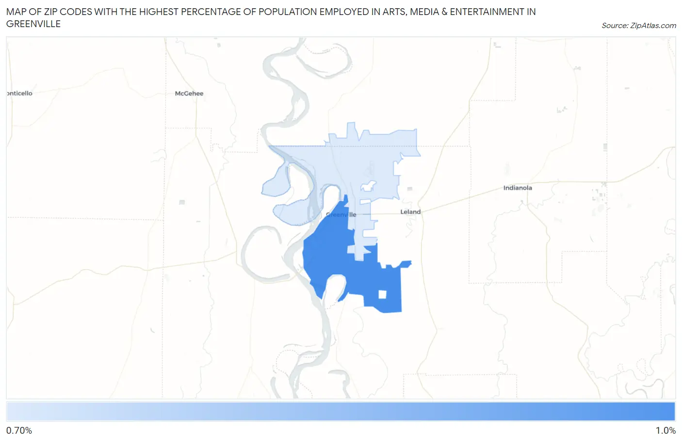 Zip Codes with the Highest Percentage of Population Employed in Arts, Media & Entertainment in Greenville Map