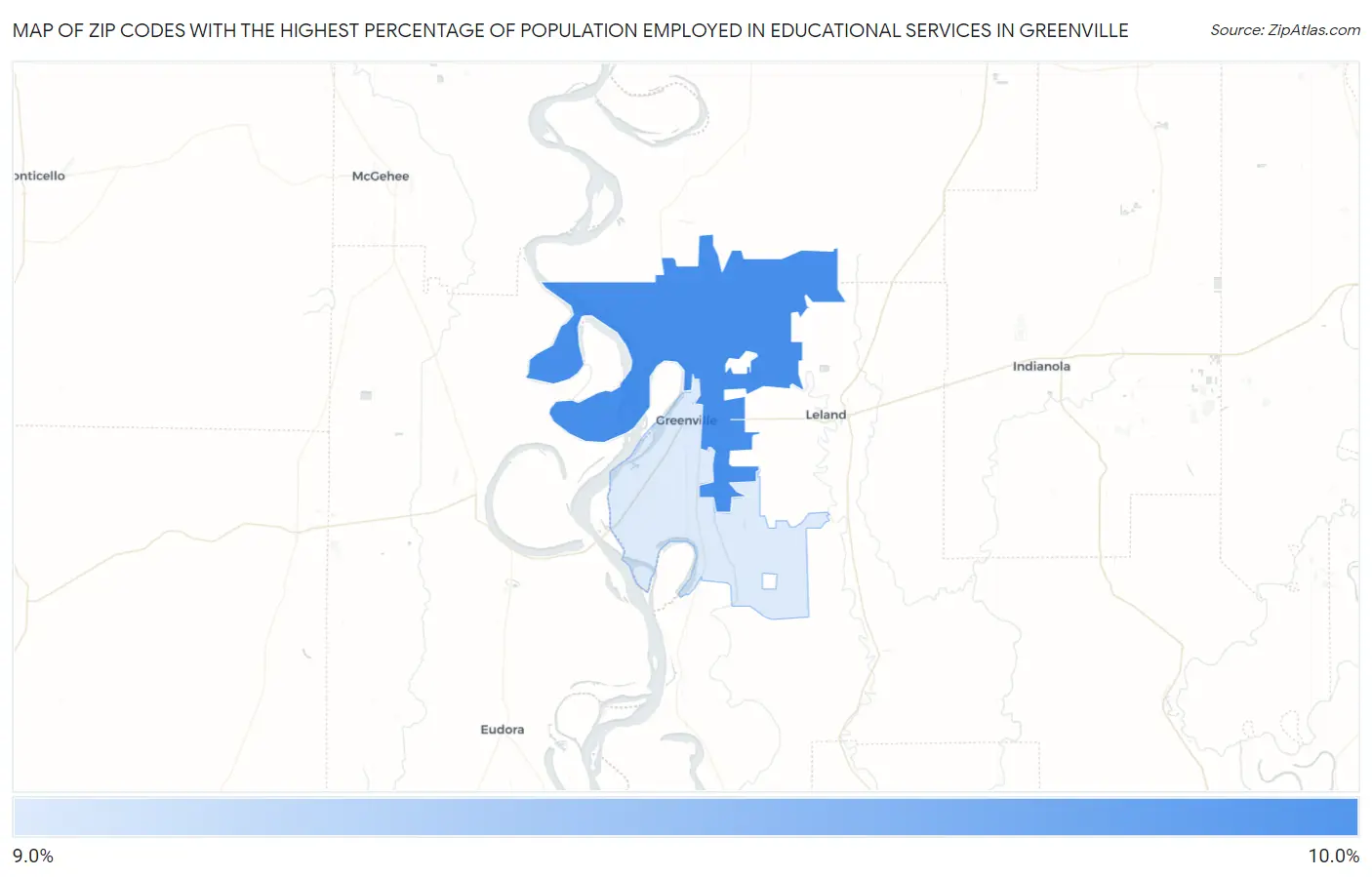 Zip Codes with the Highest Percentage of Population Employed in Educational Services in Greenville Map