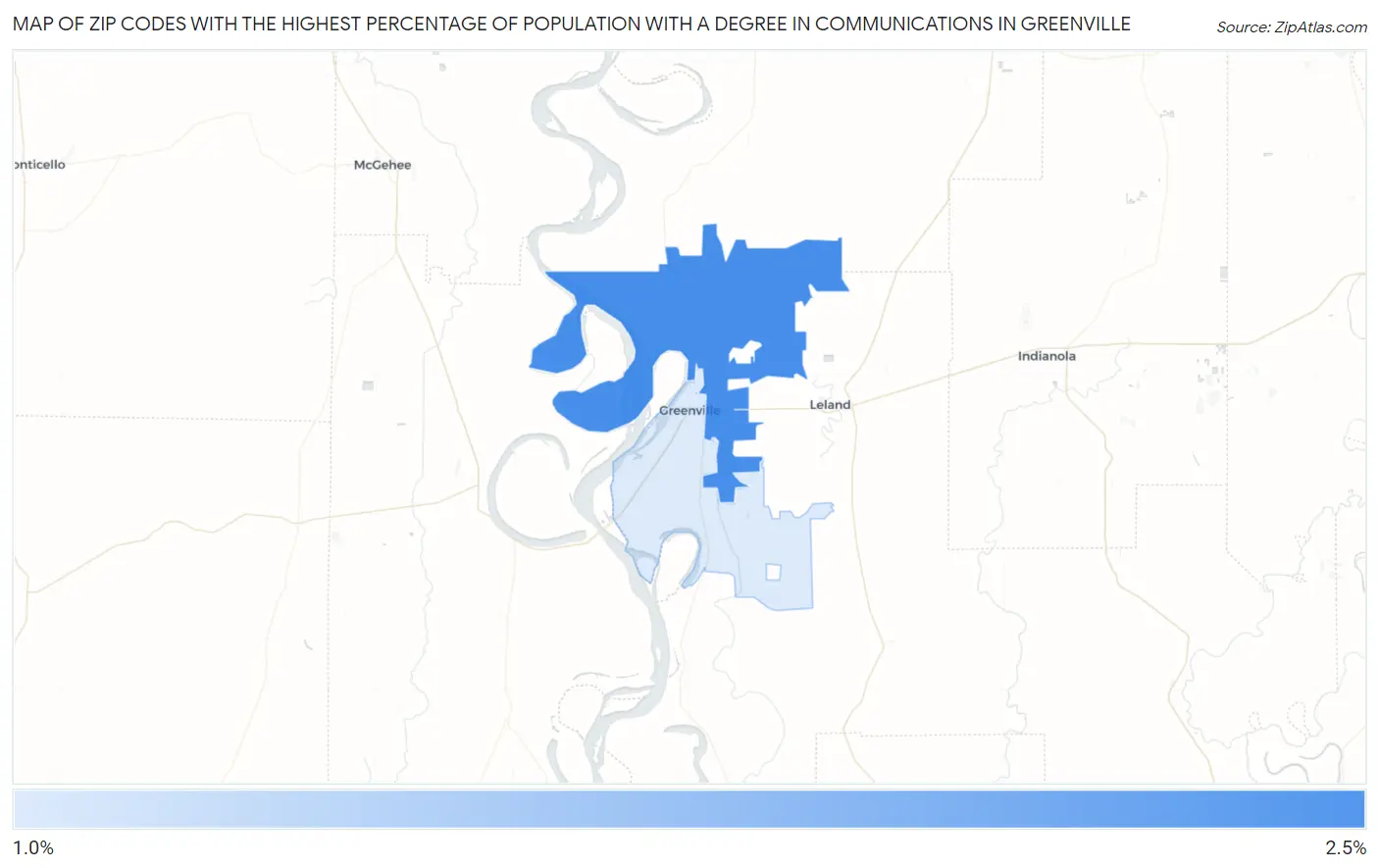 Zip Codes with the Highest Percentage of Population with a Degree in Communications in Greenville Map