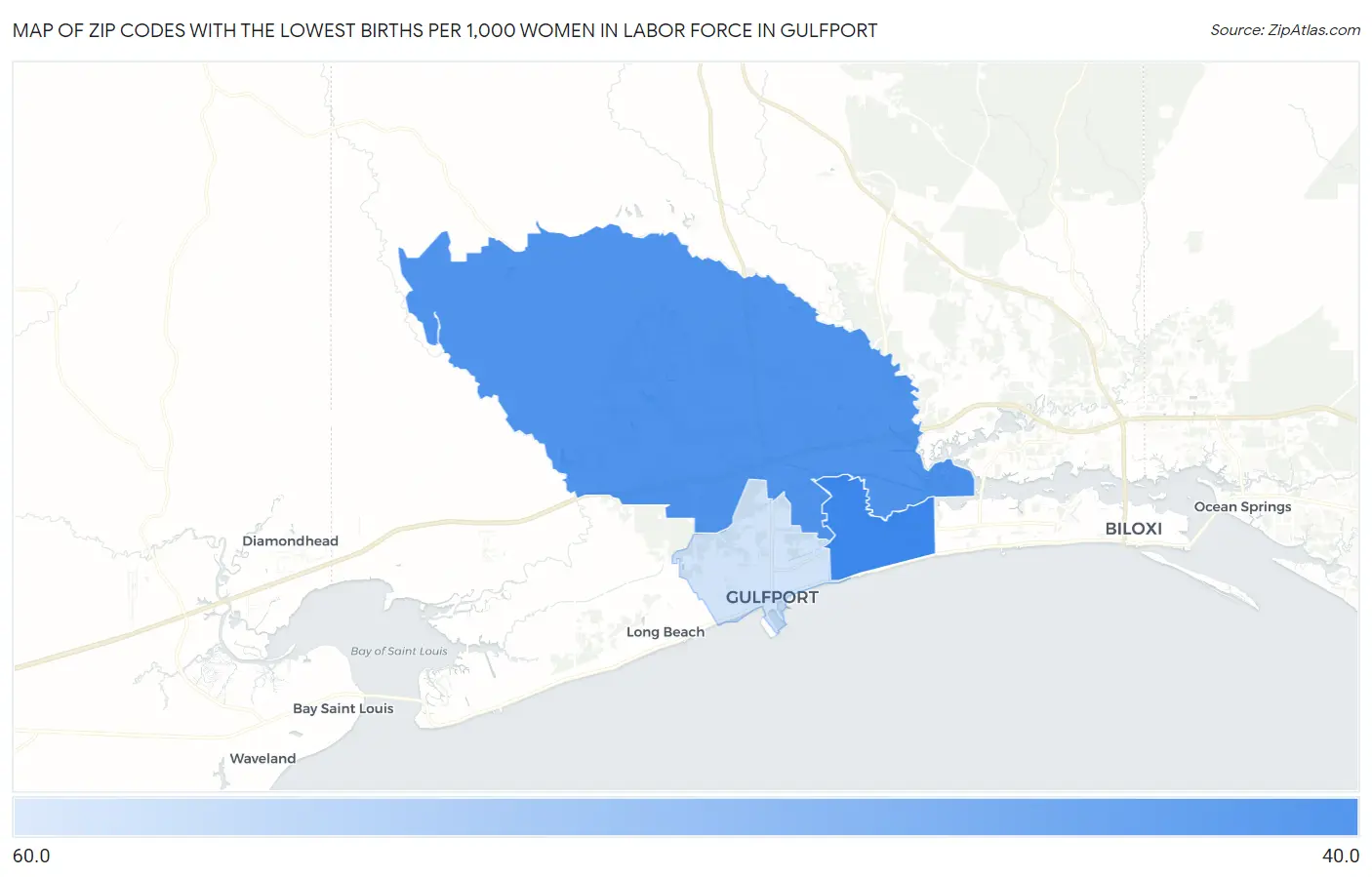 Zip Codes with the Lowest Births per 1,000 Women in Labor Force in Gulfport Map