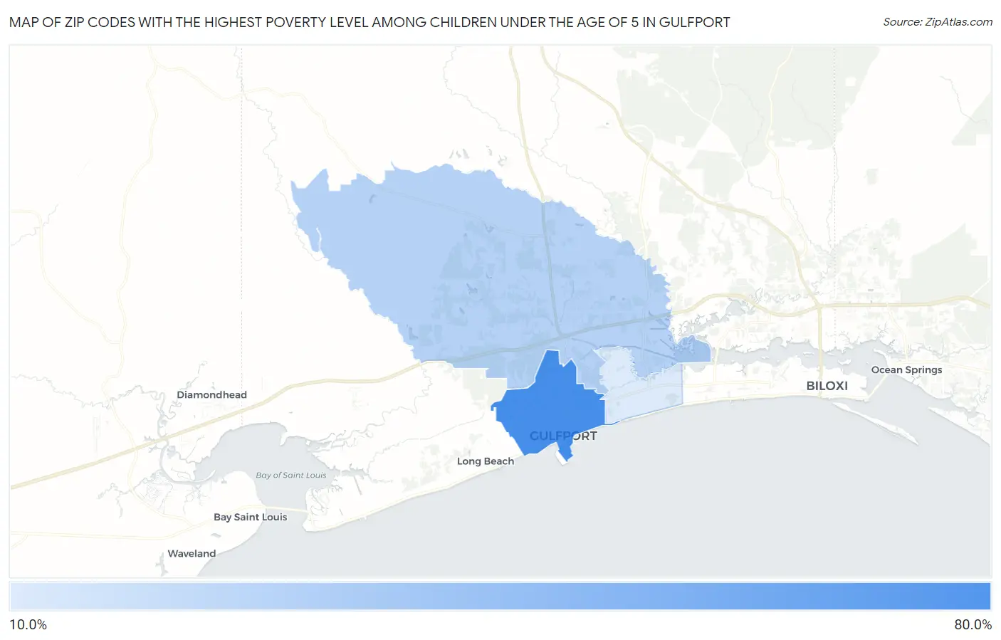 Zip Codes with the Highest Poverty Level Among Children Under the Age of 5 in Gulfport Map