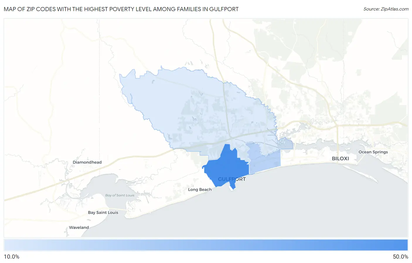 Zip Codes with the Highest Poverty Level Among Families in Gulfport Map