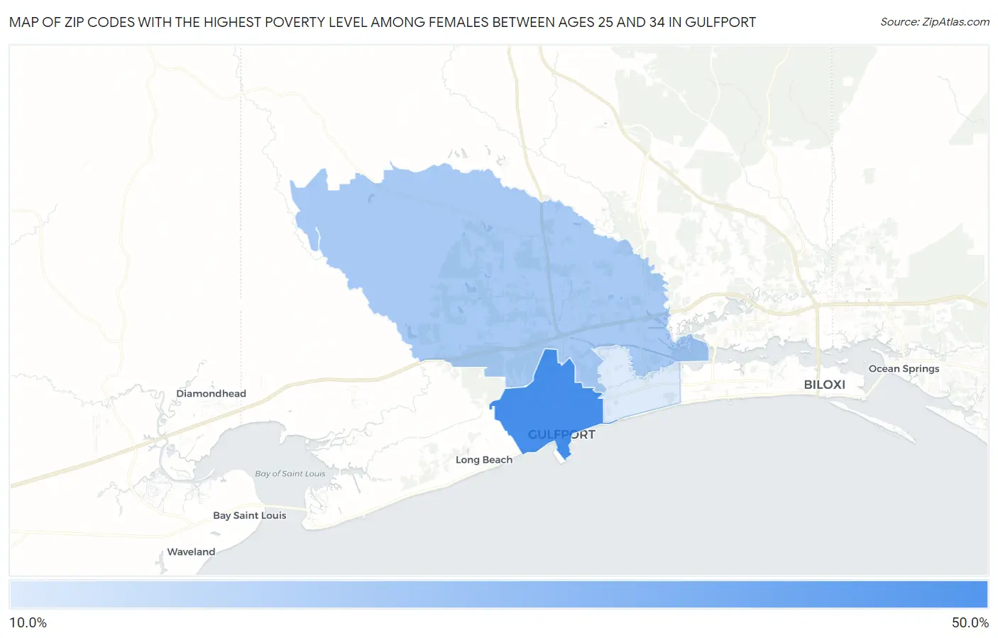 Zip Codes with the Highest Poverty Level Among Females Between Ages 25 and 34 in Gulfport Map