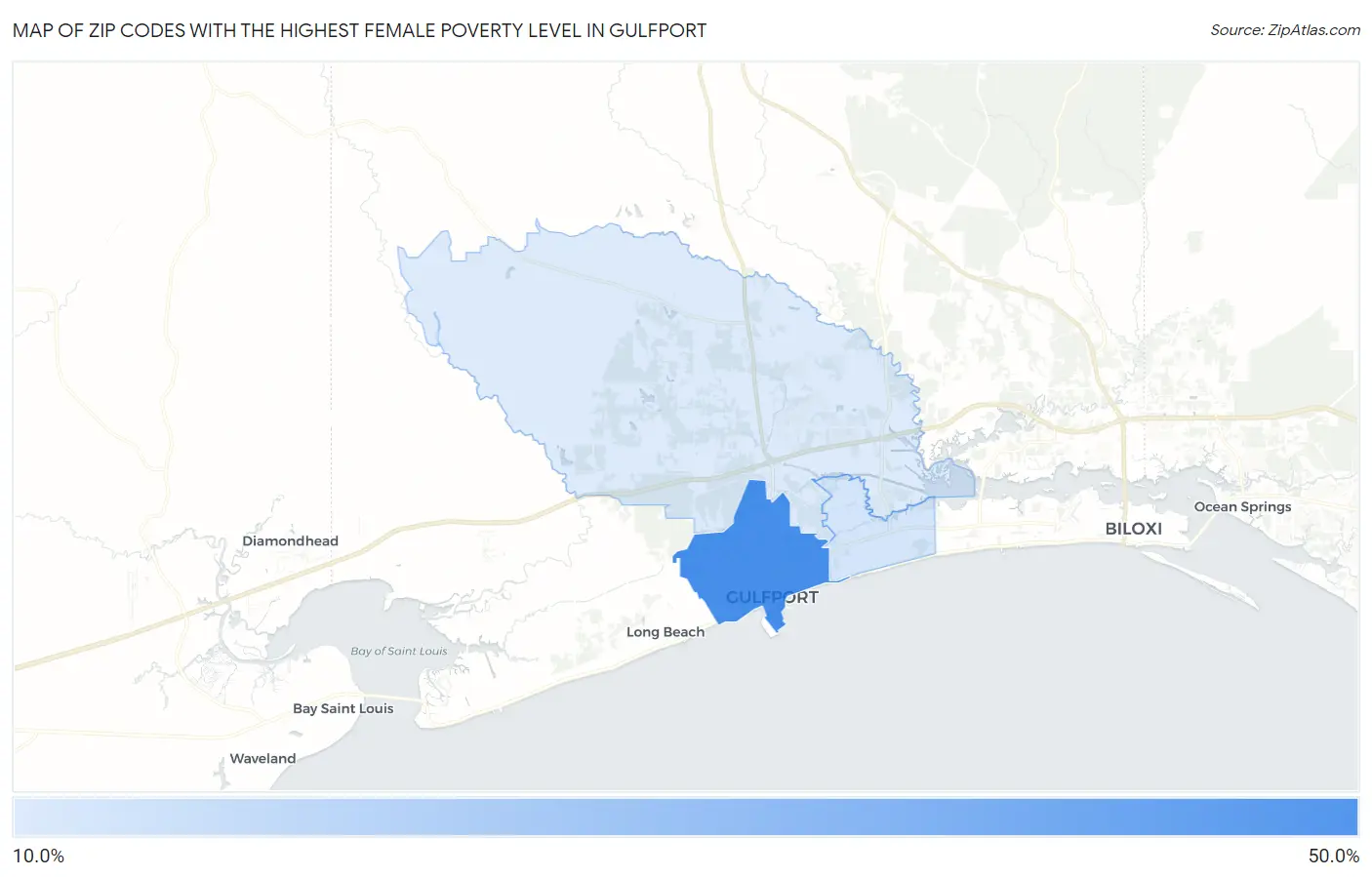 Zip Codes with the Highest Female Poverty Level in Gulfport Map