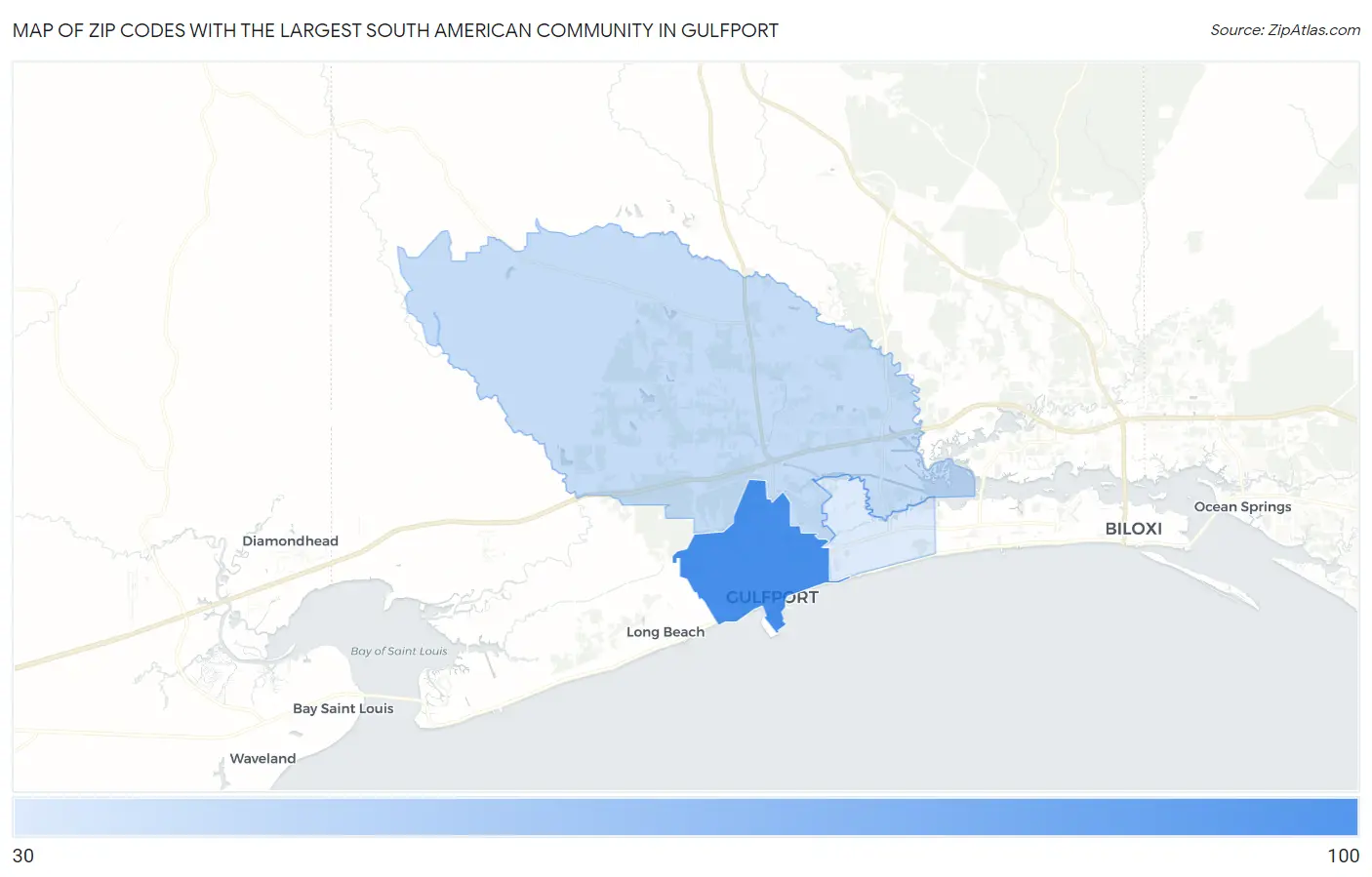 Zip Codes with the Largest South American Community in Gulfport Map