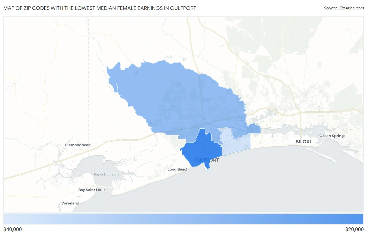Zip Codes with the Lowest Median Female Earnings in Gulfport Map