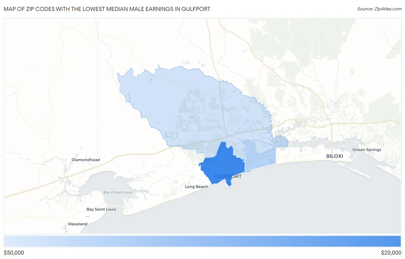 Zip Codes with the Lowest Median Male Earnings in Gulfport Map