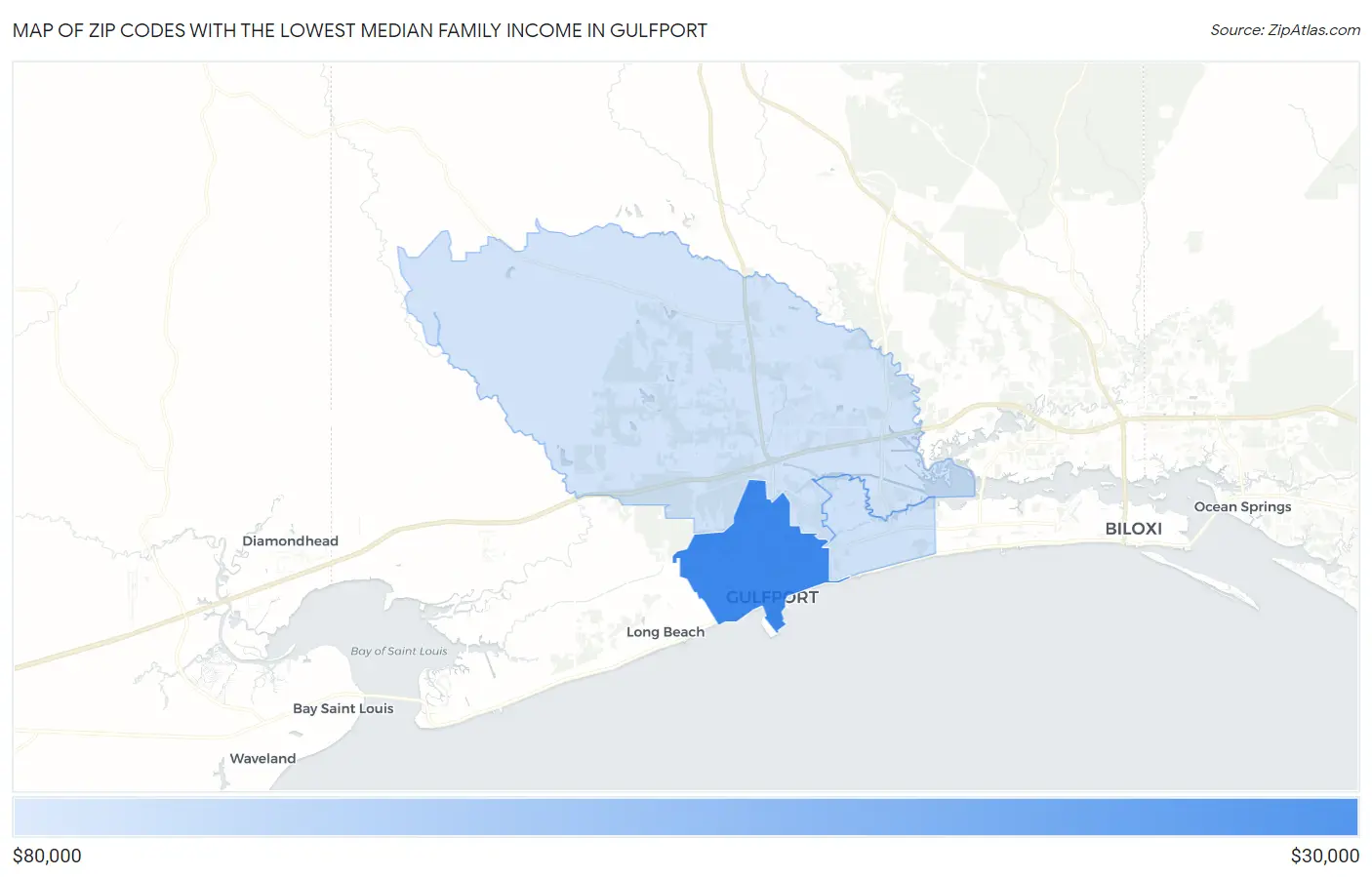 Zip Codes with the Lowest Median Family Income in Gulfport Map