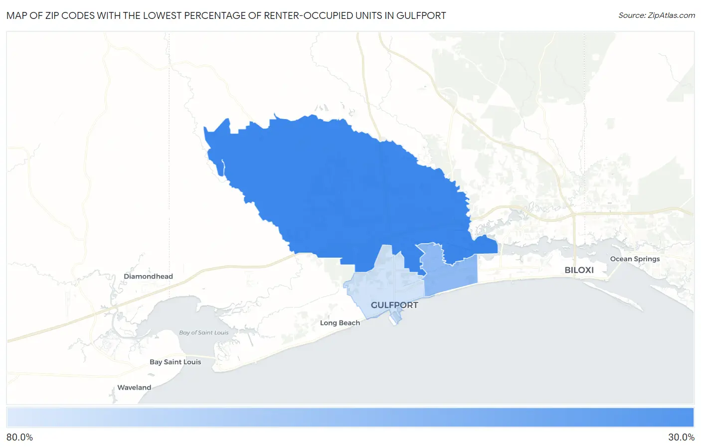 Zip Codes with the Lowest Percentage of Renter-Occupied Units in Gulfport Map