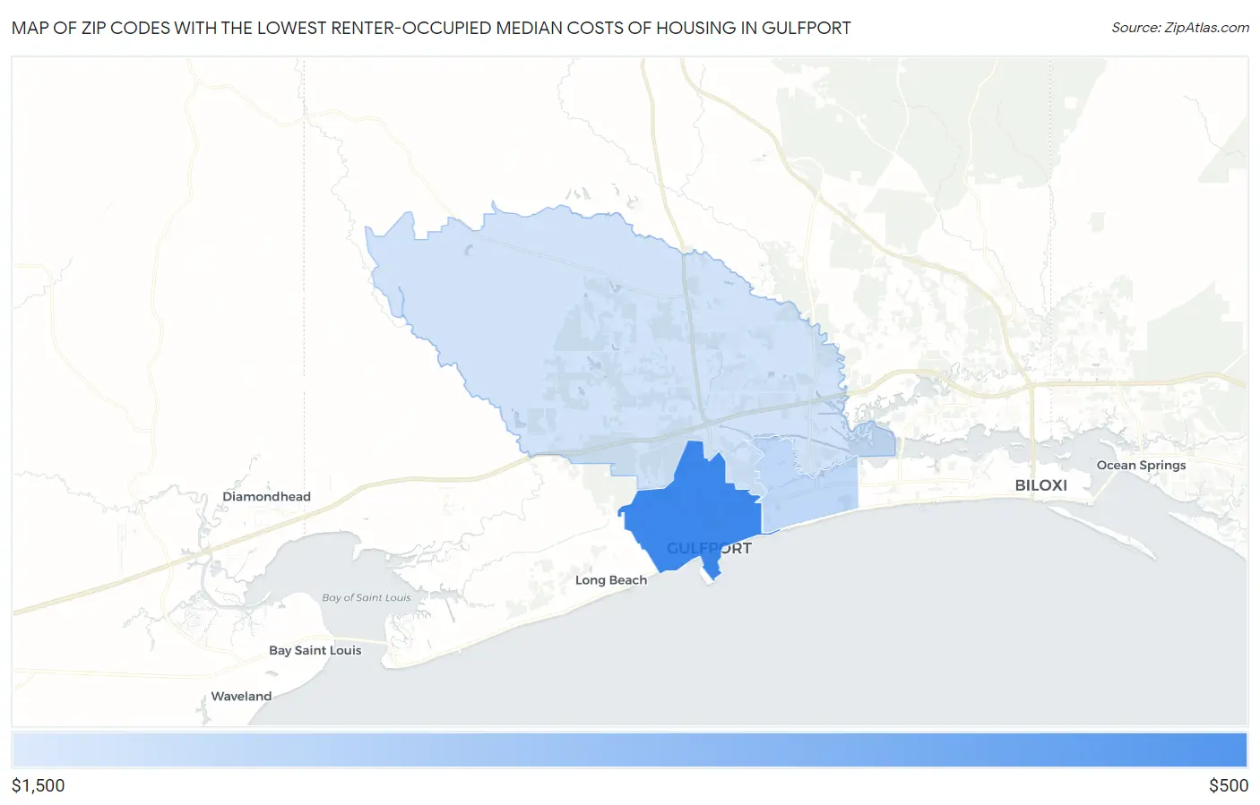 Zip Codes with the Lowest Renter-Occupied Median Costs of Housing in Gulfport Map