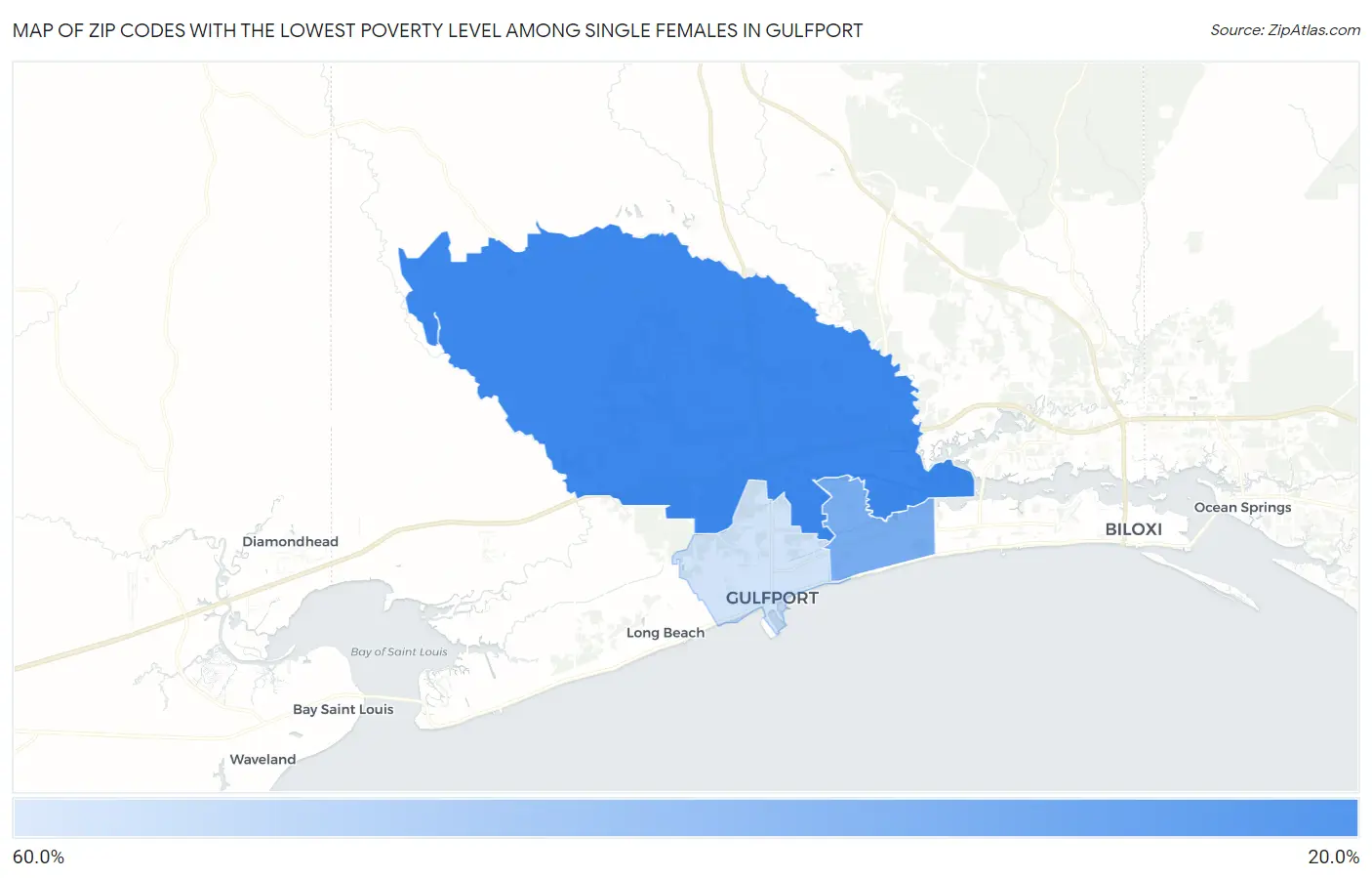 Zip Codes with the Lowest Poverty Level Among Single Females in Gulfport Map