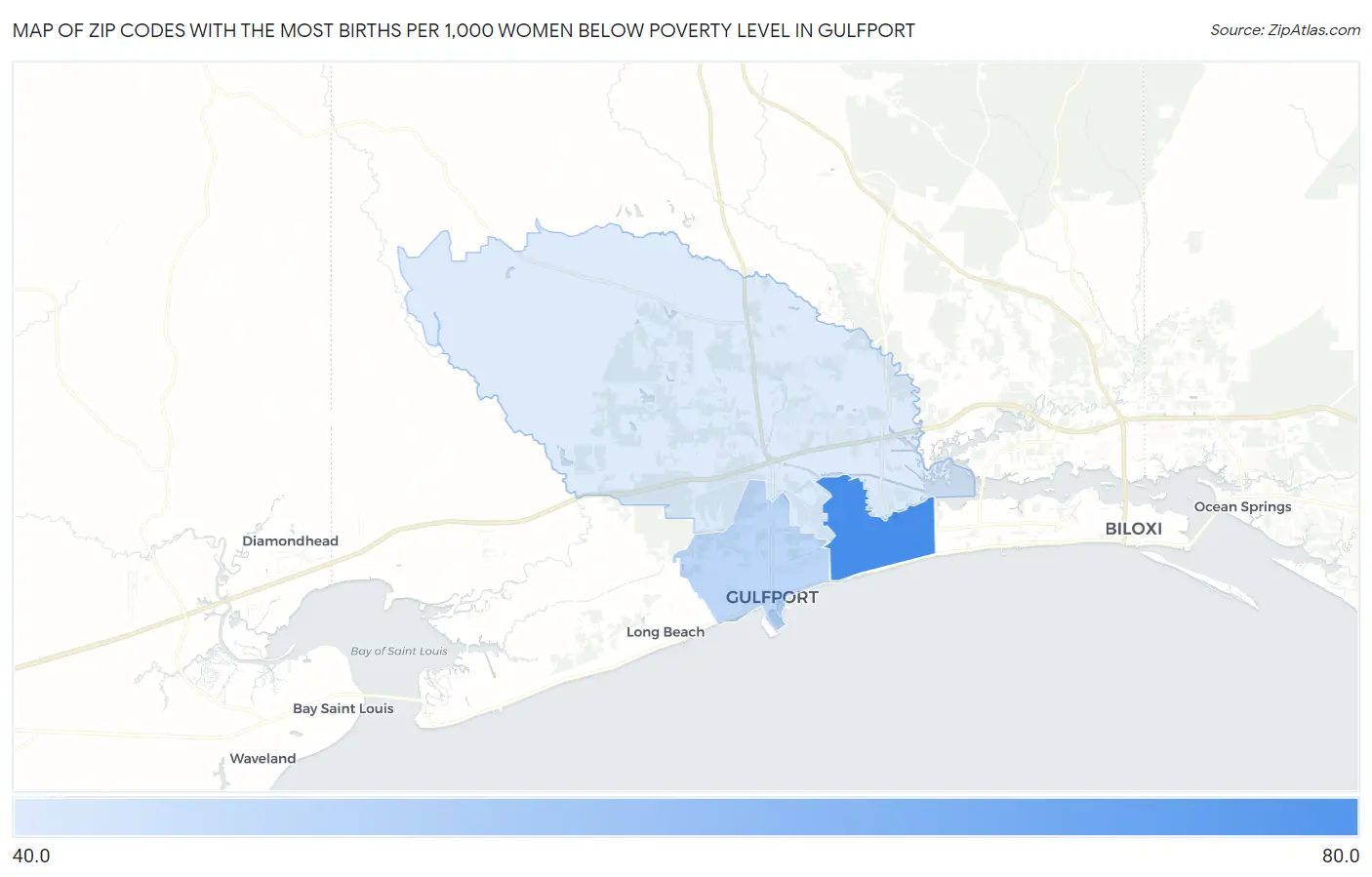 Zip Codes with the Most Births per 1,000 Women Below Poverty Level in Gulfport Map