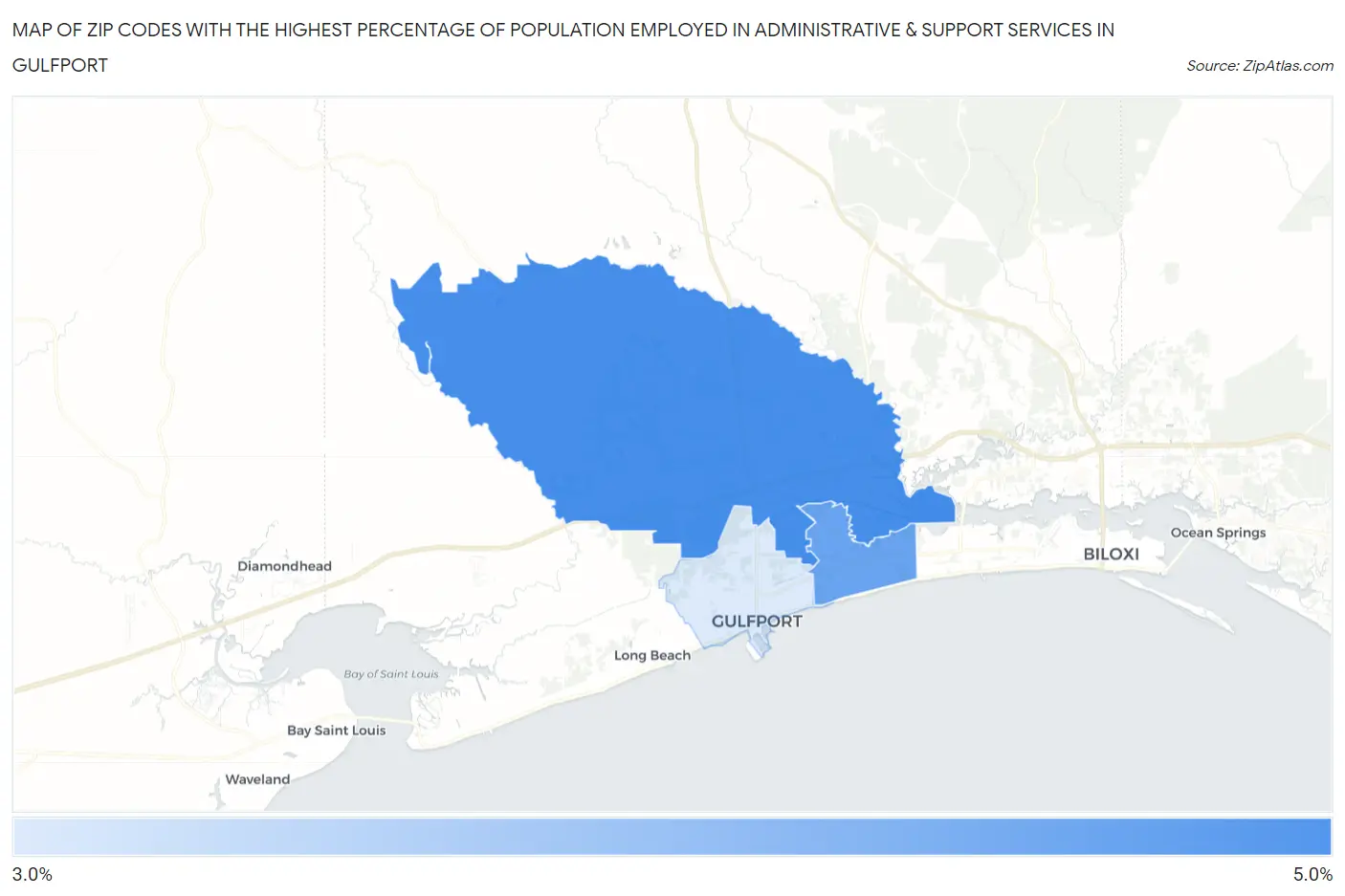 Zip Codes with the Highest Percentage of Population Employed in Administrative & Support Services in Gulfport Map