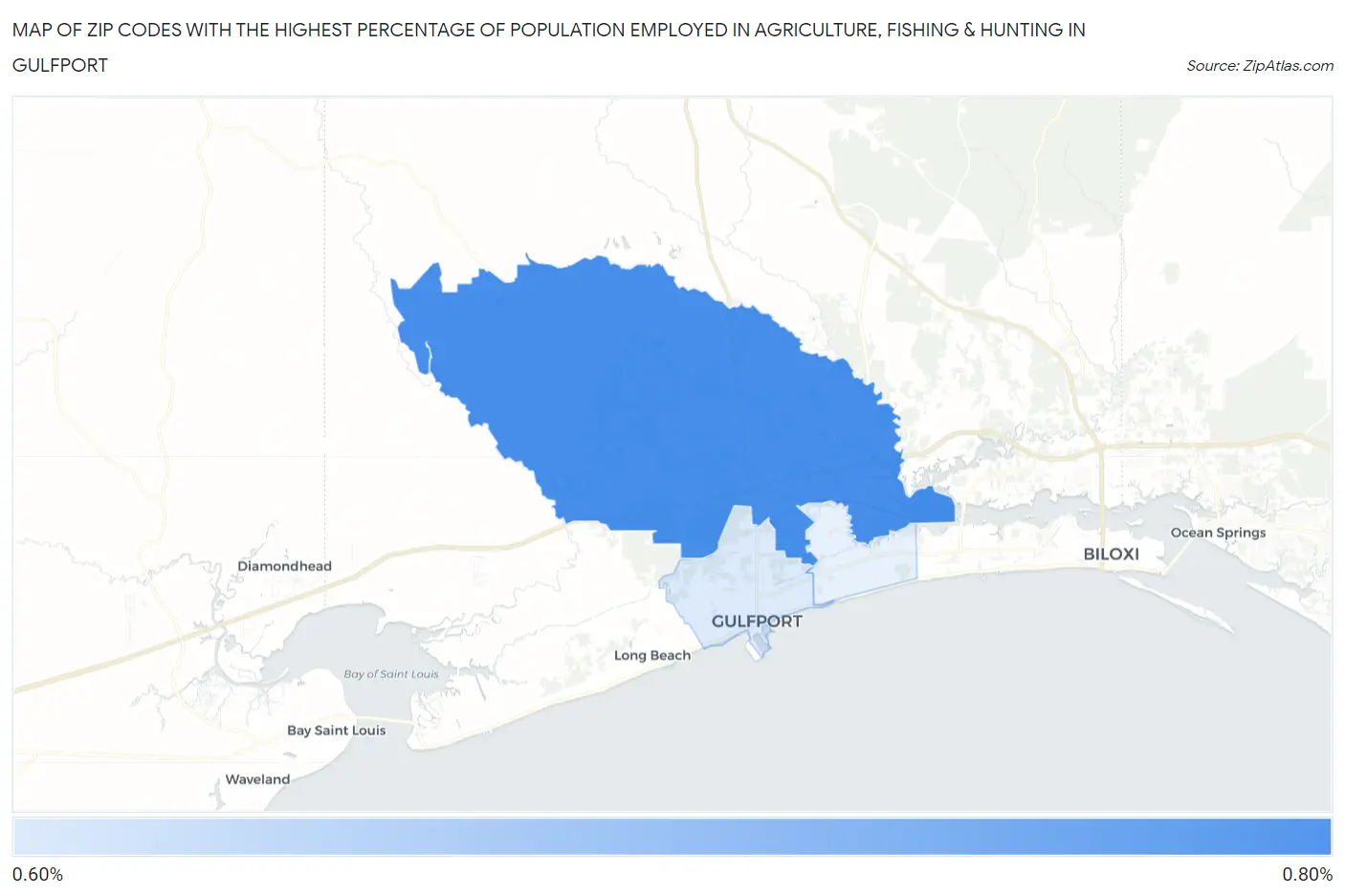 Zip Codes with the Highest Percentage of Population Employed in Agriculture, Fishing & Hunting in Gulfport Map
