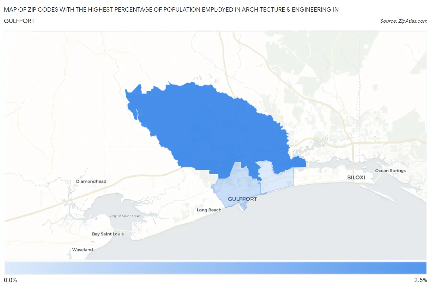 Zip Codes with the Highest Percentage of Population Employed in Architecture & Engineering in Gulfport Map