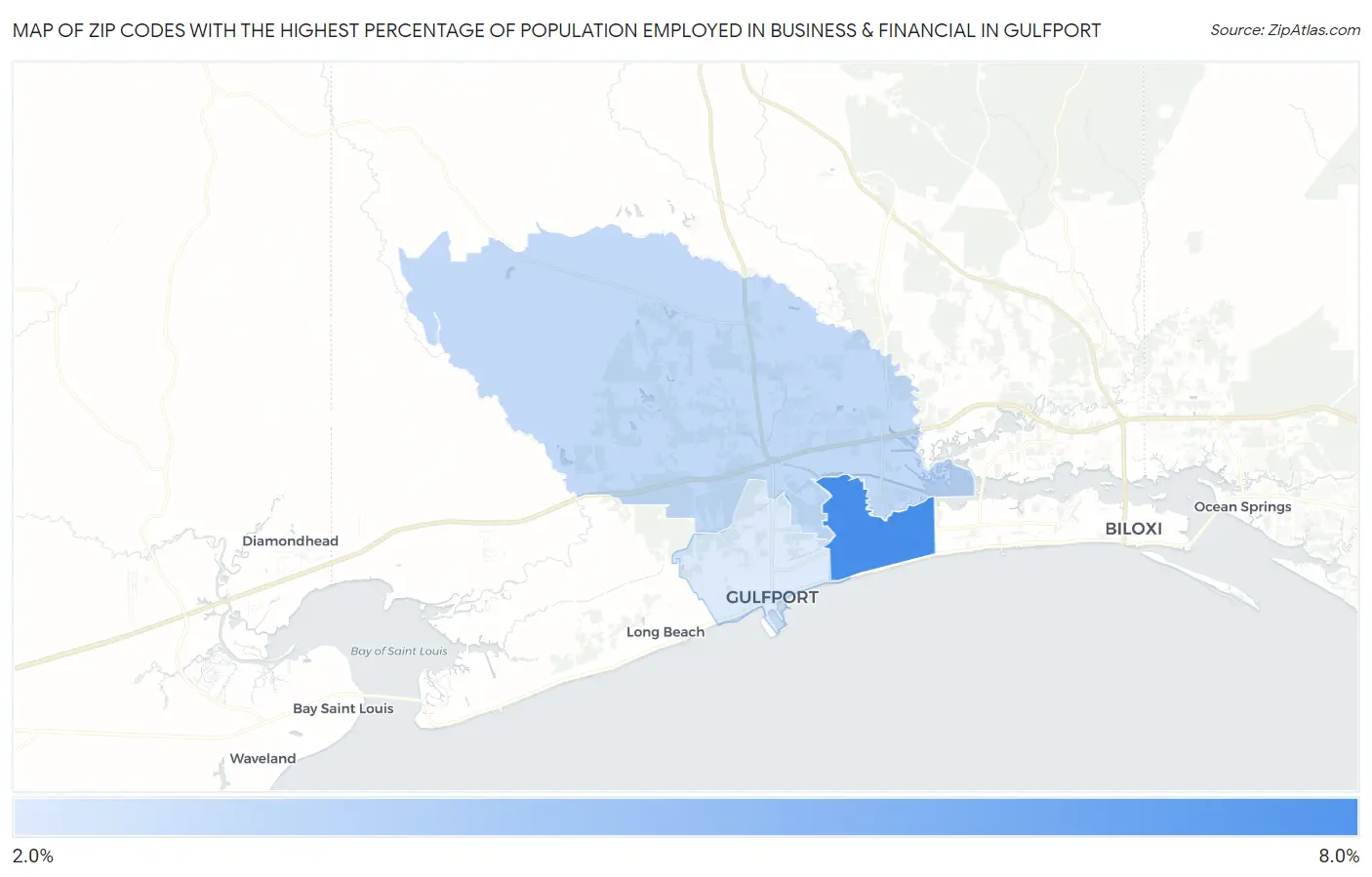 Zip Codes with the Highest Percentage of Population Employed in Business & Financial in Gulfport Map