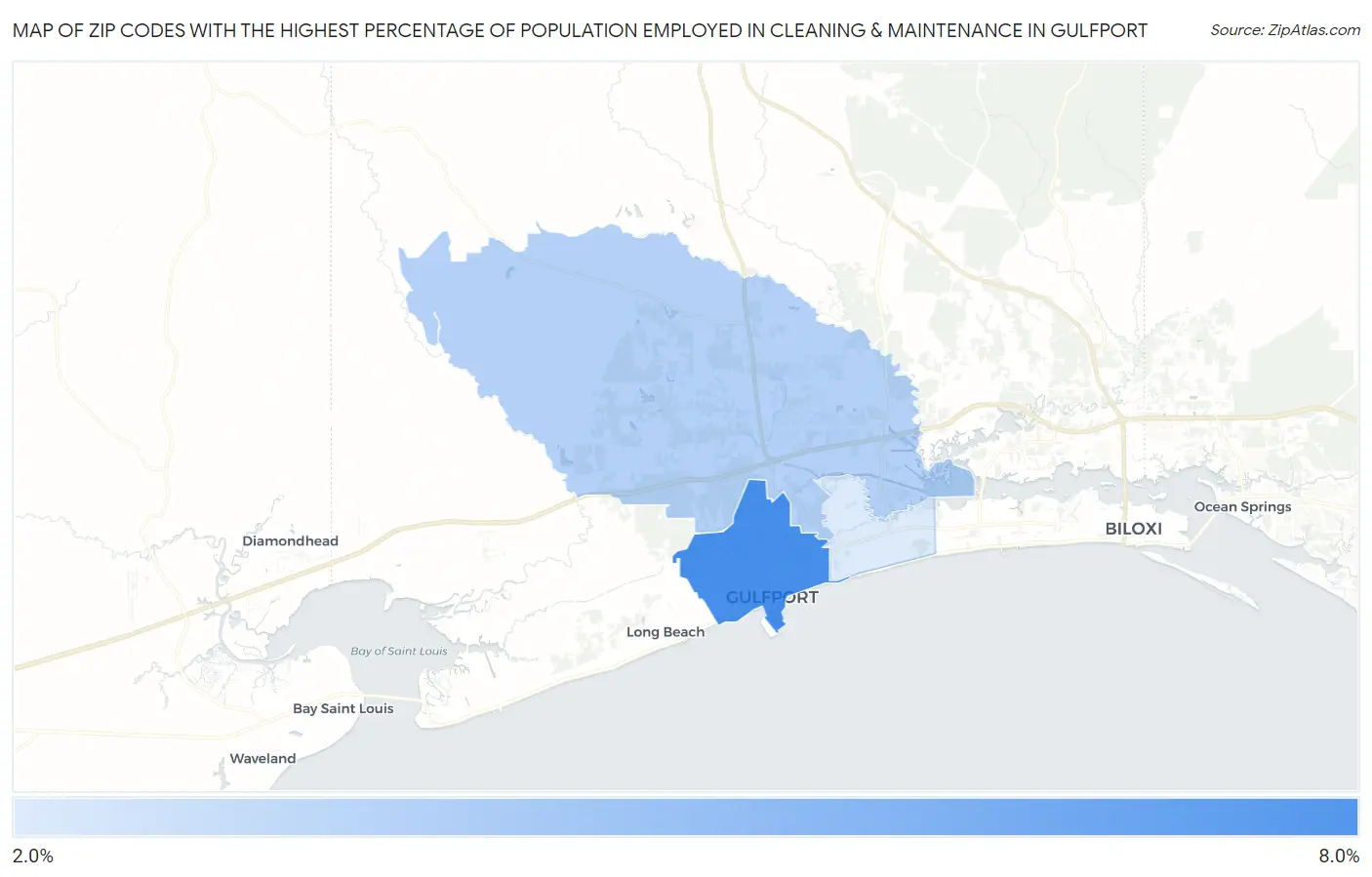 Zip Codes with the Highest Percentage of Population Employed in Cleaning & Maintenance in Gulfport Map