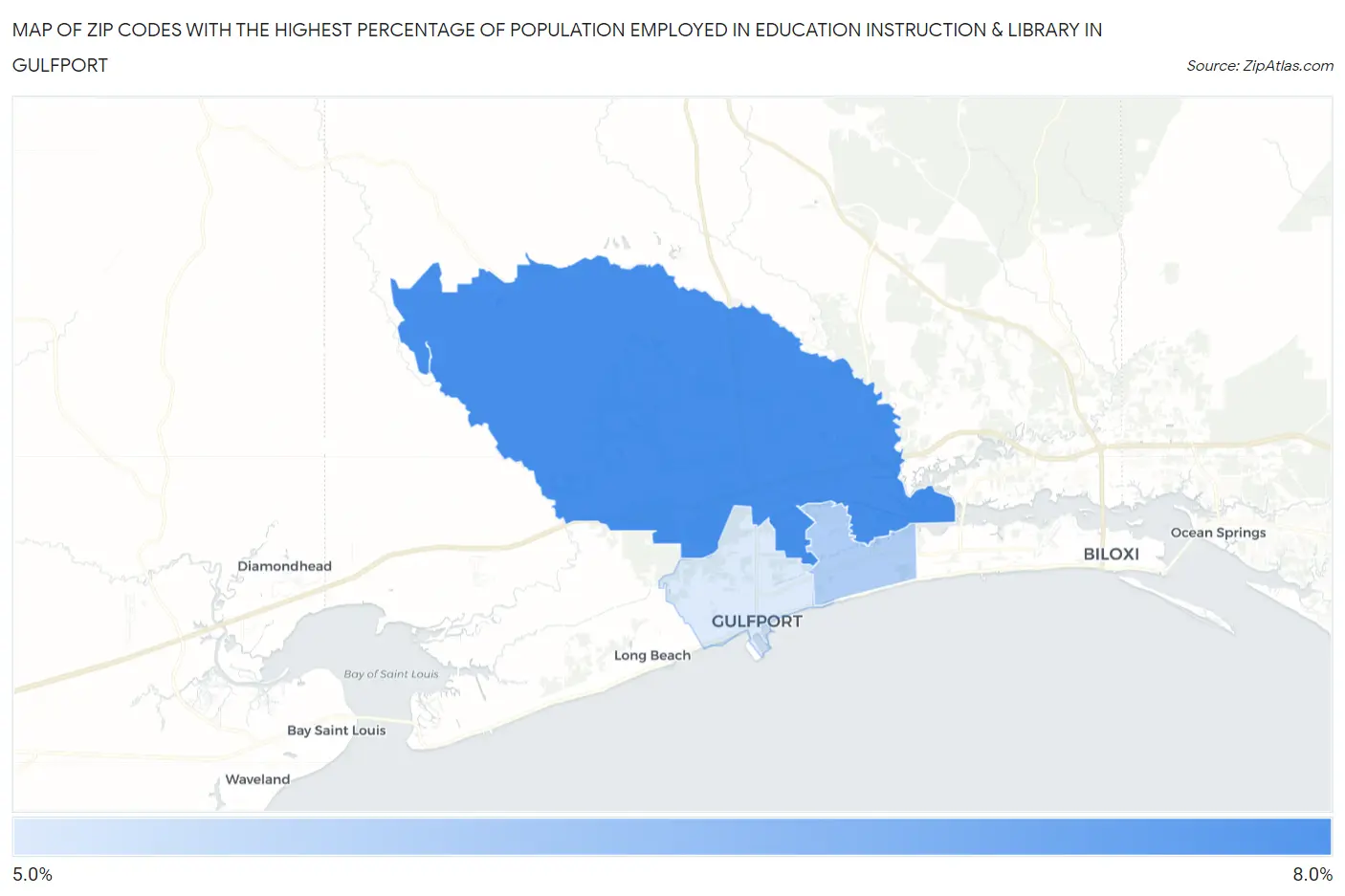 Zip Codes with the Highest Percentage of Population Employed in Education Instruction & Library in Gulfport Map